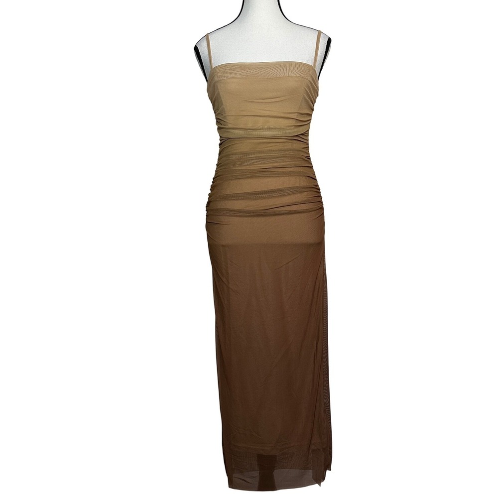 COMMENSE Mesh Overlay Bodycon Dress Womens Small Y2K Ruched Minimalist Glam Chic
